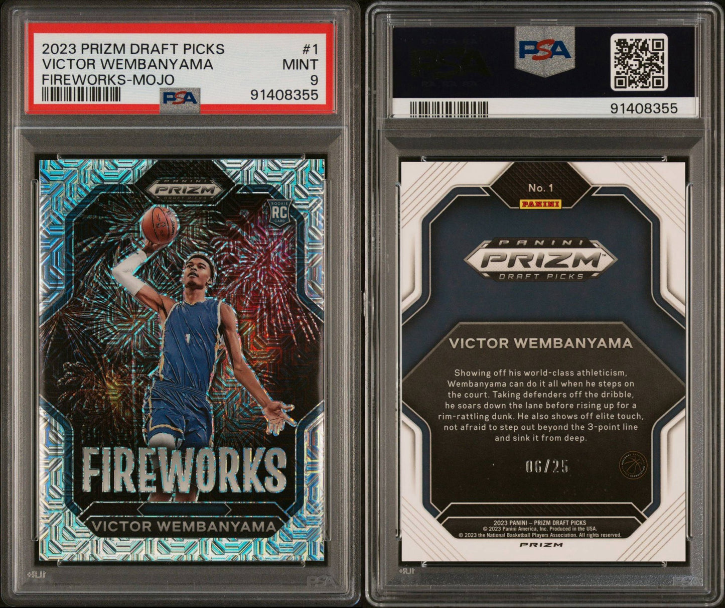 Victor Wembanyama 2023 Panini Prizm Draft Picks “Fireworks” Mojo Prizm 06/25 PSA Mint 9 Graded Slab
